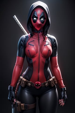 ((DEADPOOL) of Marvel Comics as a girl, ((female)), ((Deadpool costume), ((Deadpool mask)), ((Masked), 1girl, toned abdomen, muscular thighs, black hair, sharp background, sexy, nsfw, high quality, 16K, full_mask