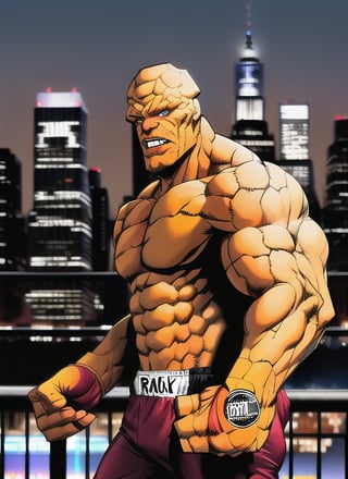 One guy,The thing, orange rocky skin, bulky,  new york city background