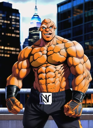 One guy,The thing, orange rocky skin, bulky,  new york city background