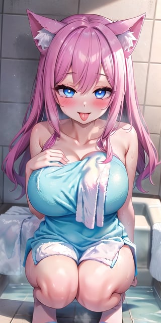 1girl,pink hair ,fairy ears,two sides up,blue eyes long hair,best_quality,animal ears ,highres,looking at viewer, extremely_detailed,perfect detailed, 8k, masterpiece,manicia,,l  ,cowboy shot,,sensual face ,,smile,blush,
huge breast,detail eyes,squatting ,ahegao,tongue,in towel,towel,Wrap in bath towel