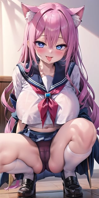 1girl,pink hair ,fairy ears,two sides up,blue eyes long hair,best_quality,animal ears ,highres,looking at viewer, extremely_detailed,perfect detailed, 8k, masterpiece,manicia,,l  ,cowboy shot,,sensual face ,,smile,blush,
huge breast,detail eyes,squatting ahegao,tongue,sailor uniform,sailor suit,camel toe