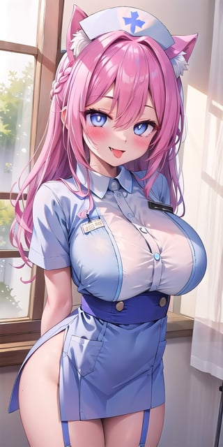 1girl,pink hair ,fairy ears,two sides up,blue eyes long hair,best_quality,animal ears ,highres,looking at viewer, extremely_detailed,perfect detailed, 8k, masterpiece,manicia,,l  ,cowboy shot,,sensual face ,,smile,blush,
huge breast,detail eyes,standing ahegao,tongue,nurse,nurse uniform ,