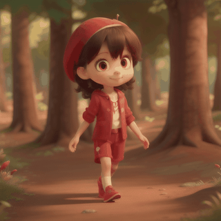 a seven years old girl, wearing a red vibrant outfit, walking in forest