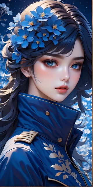 a beautiful picture of a girl with blue flowers on her face, in the style of monochromatic paintings, dark sky-blue and dark navy, dark sky-blue and dark white, multilayered realism, luminous shadowing, 
wearing dark blue military jacket and panties,
anime-inspired, elegant outlines 