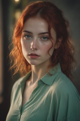 raw realistic potarait of beautiful girlA short, petite frame. Hair so red and wavy falling just past her shoulders, surrounding a circular face with softness, light freckles on her nose, naturally arched red eyebrows over bright green eyes that looked almost blue in some lights., indoor background 
grainy cinematic,  godlyphoto r3al,detailmaster2,aesthetic portrait, cinematic colors, earthy , moody,  look , grainy cinematic, fantasy vibes  godlyphoto r3al,detailmaster2,aesthetic portrait, cinematic colors, earthy , moody,  