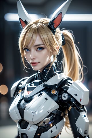 RAW picture, Best picture quality, high resolution, 8k, highres, (absurdres:1.2), realistic, sharp focus, realistic image of elegant lady, Korean beauty, supermodel, (close-up), incredibly absurdres, wearing high-tech cyberpunk style suit, radiant Glow, sparkling suit, perfectly customized high-tech tight suit, custom design, break. ((photo realistic)), break. (One android girl), (smiling:1.1), (blonde hair:1.3), (ponytail:1.3) ,break. (bunny ears and tail:1.3), (in the night club), break. (slender boby), ((blue eyes:1.3)), break. (LED lighting parts on her body:1.2), break. (extremely detailed mecha suit with short skirt:1.2), break. (robotic arms), (robotic legs), (robotic hands), ((robotic joint)), break. ((Cinematic angle)), ultra fine quality, masterpiece, best quality, incredibly absurdres, fhighly detailed, highres, high detail eyes, high detail background, sharp focus, (photon mapping, radiosity, physically-based rendering, automatic white balance), masterpiece, best quality, ((Mecha body)), furure_urban, incredibly absurdres, dress, masterpiece, masterpiece, best quality,Mecha body,Colorful portraits,robot,roblit