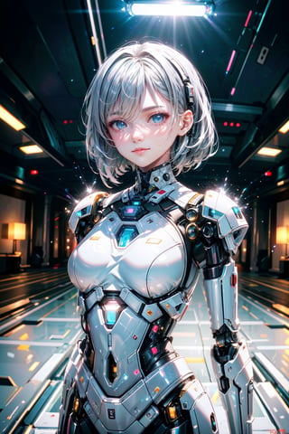 ((high resolution)), ((8K)), ((incredibly absurdres)), break. ((One android girl with happy smile)), break. ((sliver hair:1.5)), ((upper body:1.5)), ((looking at camera:1.2)), break. ((in the cyberstyle city)), ((slender boby)), ((intricate internal structure)), ((brighten parts:1.5)), break. ((extremely detailed mecha suit:1.2)), break. (robotic arms), (robotic legs), (robotic hands), ((robotic joint:1.2)), break. Cinematic angle, ultra fine quality, masterpiece, best quality, incredibly absurdres, fhighly detailed, sharp focus, (photon mapping, radiosity, physically-based rendering, automatic white balance), masterpiece, best quality, Mecha body, furure_urban, incredibly absurdres,masterpiece,best quality