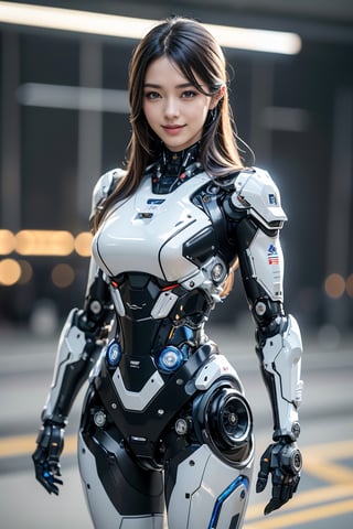RAW picture, Best picture quality, high resolution, 8k, realistic, sharp focus, realistic image of elegant lady, Korean beauty, supermodel, long hair, blue eyes, wearing high-tech cyberpunk style blue mecha suit, radiant Glow, sparkling suit, mecha, perfectly customized high-tech suit, custom design, 1 girl,swordup, looking at viewer, smiling, break. (robotic arms), (robotic legs), (robotic hands), ((robotic joint)),robot