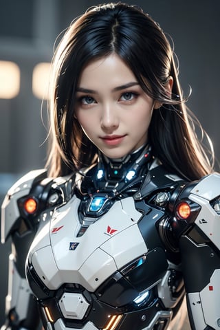 RAW picture, Best picture quality, high resolution, 8k, realistic, sharp focus, realistic image of elegant lady, Korean beauty, supermodel, break. long hair, wearing high-tech cyberpunk style mecha suit, radiant Glow, sparkling suit, mecha, perfectly customized high-tech mecha suit, custom design, break. 1 girl, swordup, looking at viewer, smiling, close-up, break. (LED lighting parts on her body:1.2), (robotic arms), (robotic legs), (robotic hands), ((robotic joint)),robot