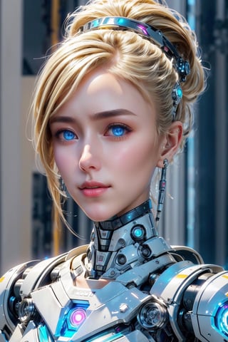 ((high resolution)), ((8K)), ((incredibly absurdres)), break. ((One android girl with archaic smile)), ((about 18 years old)), ((face close-up:1.5)), ((blonde ponytail hair:1.4)), break. ((in the cyberstyle city)), ((slender boby)), ((intricate internal structure)), ((brighten parts:1.3)), break. ((Her body is painted by chrome and light colors)), ((blue eyes:1.3)), break. ((robotic arms)), ((robotic legs)), ((robotic hands)), ((robotic joint:1.5)), break. Cinematic angle, ultra fine quality, masterpiece, best quality, incredibly absurdres, highly detailed, sharp focus, (photon mapping, radiosity, physically-based rendering, automatic white balance), masterpiece, best quality, Mecha body, furure_urban, incredibly absurdres, modelshoot style,Exquisite face