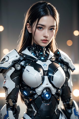 RAW photo, Best picture quality, high resolution, 8k, HDR, highres, (absurdres:1.2), realistic, sharp focus, realistic image of elegant lady, Korean beauty, supermodel, pure light color hair, wearing high-tech cyberpunk style blue mecha suit, radiant Glow, sparkling suit, mecha, perfectly customized high-tech suit, ice theme, custom design, 1 girl, swordup, looking at viewer, robot,  lens flare, (vibrant color:1.2)