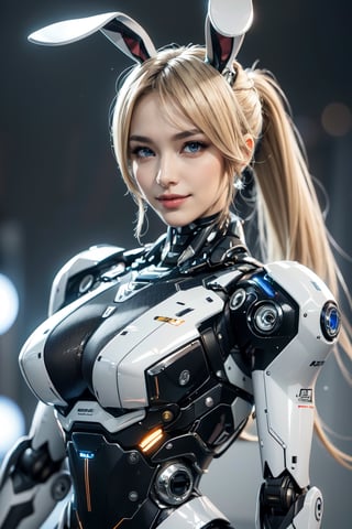 RAW photo, Best picture quality, high resolution, 8k, HDR, highres, (absurdres:1.2), realistic, sharp focus, realistic image of elegant lady, Korean beauty, supermodel, ((blonde hair)), ponytail, wearing high-tech cyberpunk style mecha suit, radiant Glow, sparkling suit, mecha, perfectly customized high-tech suit, ice theme, custom design, 1 girl, swordup, looking at viewer, (close-up:1.3), ((smiling:1.1)), lens flare, (bunny ears and tail:1.3), (in the night club), break. (slender boby), (large breast:1.2), ((blue eyes:1.3)), break. (LED lighting parts on her body:1.2), break. (extremely detailed mecha suit with short skirt:1.2), break. (robotic arms), (robotic legs), (robotic hands), ((robotic joint)), break. ((Cinematic angle)), ultra fine quality, masterpiece, best quality, incredibly absurdres, fhighly detailed, highres, high detail eyes, high detail background, sharp focus, (photon mapping, radiosity, physically-based rendering, automatic white balance), masterpiece, best quality, furure_urban, incredibly absurdres, dress, masterpiece, masterpiece, best quality