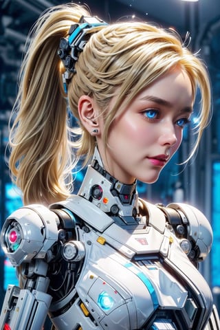 ((high resolution)), ((8K)), ((incredibly absurdres)), break. ((One android girl with archaic smile)), ((about 15 years old)), ((upper body:1.5)), ((blonde ponytail hair:1.4)), break. ((in the cyberstyle city)), ((slender boby)), ((intricate internal structure)), ((brighten parts:1.3)), break. ((Her body is painted by chrome and light colors)), ((blue eyes:1.3)), break. ((robotic arms)), ((robotic legs)), ((robotic hands)), ((robotic joint:1.5)), break. Cinematic angle, ultra fine quality, masterpiece, best quality, incredibly absurdres, highly detailed, sharp focus, (photon mapping, radiosity, physically-based rendering, automatic white balance), masterpiece, best quality, Mecha body, furure_urban, incredibly absurdres, modelshoot style,Exquisite face