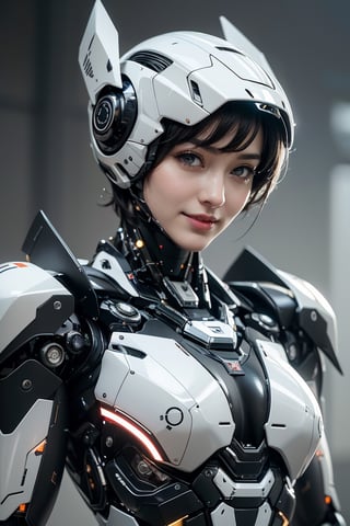 RAW picture, Best picture quality, high resolution, 8k, realistic, sharp focus, realistic image of elegant lady, Korean beauty, supermodel, break. short hair, wearing high-tech cyberpunk style mecha suit, wearing head gear, radiant Glow, sparkling suit, mecha, perfectly customized high-tech mecha suit, custom design, break. 1 girl, swordup, looking at viewer, smiling, close-up, break. (LED lighting parts on her body:1.2), (robotic arms), (robotic legs), (robotic hands), ((robotic joint)),robot