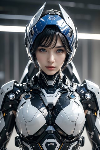 RAW photo, Best picture quality, high resolution, 8k, HDR, highres, (absurdres:1.2), realistic, sharp focus, realistic image of elegant lady, Korean beauty, supermodel, wearing high-tech cyberpunk style blue mecha suit, radiant Glow, sparkling suit, mecha, perfectly customized high-tech suit, ice theme, custom design, 1 girl, swordup, looking at viewer, robot,  lens flare, (vibrant color:1.2)