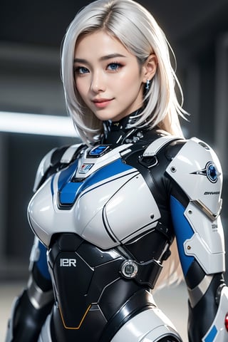 Best picture quality, high resolution, 8k, realistic, sharp focus, realistic image of elegant lady, Korean beauty, supermodel, pure white hair, blue eyes, wearing high-tech cyberpunk style metallic mecha suit, radiant Glow, sparkling suit, mecha, perfectly customized high-tech suit, ice theme, custom design, 1 girl, smiling, swordup, looking at viewer, JeeSoo 