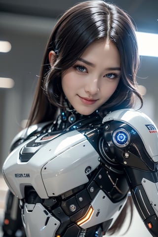 RAW picture, Best picture quality, high resolution, 8k, realistic, sharp focus, realistic image of elegant lady, Korean beauty, supermodel, break. long hair, wearing high-tech cyberpunk style mecha suit, radiant Glow, sparkling suit, mecha, perfectly customized high-tech mecha suit, custom design, break. 1 girl, swordup, looking at viewer, smiling, close-up, break. (robotic arms), (robotic legs), (robotic hands), ((robotic joint)),robot