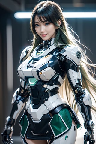 RAW picture, Best picture quality, high resolution, 8k, realistic, sharp focus, realistic image of elegant lady, Korean beauty, supermodel, incredibly absurdres) break. (radiant Glow), (sparkling suit) ,break. ((One android girl)), ((curvy boby)), (smiling), break. (green long hair:1.4), ((LED lighting parts on her body:1.2)), break. ((extremely detailed mecha suit with short skirt:1.2)), break. (robotic arms), (robotic legs), (robotic hands), ((robotic joint)), break. ((Cinematic angle)), ultra fine quality, masterpiece, best quality, incredibly absurdres, fhighly detailed, highres, high detail eyes, high detail background, sharp focus, (photon mapping, radiosity, physically-based rendering, automatic white balance), masterpiece, best quality, ((Mecha body)), furure_urban, incredibly absurdres, dress, masterpiece, masterpiece, best quality,Mecha body,Colorful portraits,robot,Mecha,roblit