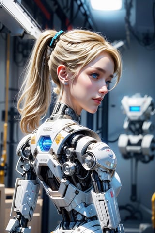 ((high resolution)), ((8K)), ((incredibly absurdres)), break. ((One android girl with archaic smile)), ((about 15 years old)), break. ((upper body:1.3)), ((blonde ponytail hair:1.3)), ((looking back:1.3)), break. ((in the cyberstyle city)), ((slender boby)), ((intricate internal structure)), ((brighten parts:1.3)), break. ((Her body is painted by chrome and light colors)), ((blue eyes:1.3)), break. ((robotic arms)), ((robotic legs)), ((robotic hands)), ((robotic joint:1.5)), break. Cinematic angle, ultra fine quality, masterpiece, best quality, incredibly absurdres, highly detailed, sharp focus, (photon mapping, radiosity, physically-based rendering, automatic white balance), masterpiece, best quality, Mecha body, furure_urban, incredibly absurdres, modelshoot style,Exquisite face