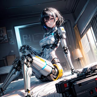 ((high resolution. 8K)), break. ((Illustraion and CG mixed style)), break. ((1 girl)), ((One android girl with archaic smile)), ((black hair:1.3)), break. ((relax in the bedroom fill of sunlight)), ((lying on the double bed)), (background: a modern bedroom with a double bed), break. ((slender mechanical boby)), ((intricate internal structure)), ((colorful brighten parts:1.2
)), break. ((Her body is painted by chrome and light colors)), break. ((robotic arms, robotic legs, robotic hands)), ((robotic joint:1.2)), break. Cinematic angle, panorama, ultra fine quality, masterpiece, best quality, incredibly absurdres, fhighly detailed, sharp focus, (photon mapping, radiosity, physically-based rendering, automatic white balance), masterpiece, best quality