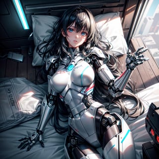 ((high resolution. 8K)), break. ((Illustraion and CG mixed style)), break. ((1 girl)), ((One android girl)), ((black hair:1.3)), break. ((relax in the bedroom fill of sunlight)), ((lying on the double bed)), (background: a modern bedroom with a double bed), break. ((slender mechanical boby)), ((intricate internal structure)), ((colorful brighten parts:1.2
)), break. ((Her body is painted by chrome and light colors)), break. ((robotic arms, robotic legs, robotic hands)), ((robotic joint:1.2)), break. Cinematic angle, panorama, ultra fine quality, masterpiece, best quality, incredibly absurdres, fhighly detailed, sharp focus, (photon mapping, radiosity, physically-based rendering, automatic white balance), masterpiece, best quality
