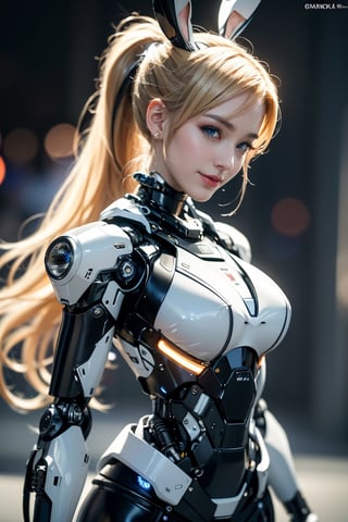 RAW photo, Best picture quality, high resolution, 8k, HDR, highres, (absurdres:1.2), realistic, sharp focus, realistic image of elegant lady, Korean beauty, supermodel, ((blonde hair)), ponytail, wearing high-tech cyberpunk style mecha suit, radiant Glow, sparkling suit, mecha, perfectly customized high-tech suit, ice theme, custom design, 1 girl, swordup, looking at viewer, (close-up:1.3), ((smiling)), lens flare, (bunny ears and tail:1.3), (in the night club), break. (slender boby), (large breast:1.2), ((blue eyes:1.3)), break. (LED lighting parts on her body:1.2), break. (extremely detailed mecha suit with short skirt:1.2), break. (robotic arms), (robotic legs), (robotic hands), ((robotic joint)), break. ((Cinematic angle)), ultra fine quality, masterpiece, best quality, incredibly absurdres, fhighly detailed, highres, high detail eyes, high detail background, sharp focus, (photon mapping, radiosity, physically-based rendering, automatic white balance), masterpiece, best quality, furure_urban, incredibly absurdres, dress, masterpiece, masterpiece, best quality
