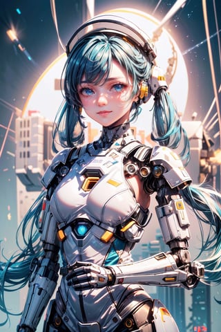 ((high resolution)), ((UHD)), ((incredibly absurdres)), break. ((One android girl with happy smile)), break. ((blue twintail hair:1.5)), ((upper body:1.5)), ((looking at camera:1.3)), break. ((in the cyberstyle city)), ((slender boby)), ((intricate internal structure)), ((brighten line on the mecha suit:1.5)), break. ((extremely detailed mecha suit:1.2)), break. (robotic arms), (robotic legs), (robotic hands), ((robotic joint:1.2)), break. Cinematic angle, ultra fine quality, masterpiece, best quality, incredibly absurdres, fhighly detailed, sharp focus, (photon mapping, radiosity, physically-based rendering, automatic white balance), masterpiece, best quality, Mecha body, furure_urban, incredibly absurdres