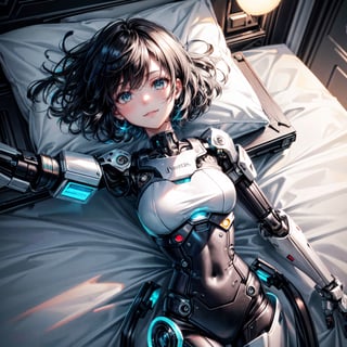 ((high resolution. 8K)), break. ((Illustraion and CG mixed style)), break. ((1 girl)), ((One android girl with archaic smile)), ((black hair:1.3)), break. ((relax in the bedroom fill of sunlight)), ((lying on back, on the double bed)), ((ready to hug)), (background: a modern bedroom with a double bed), break. ((slender mechanical boby)), ((intricate internal structure)), ((colorful brighten parts:1.2)), break. ((Her body is painted by chrome and light colors)), break. ((robotic arms, robotic legs, robotic hands)), ((robotic joint:1.2)), break. Cinematic angle, panorama, ultra fine quality, masterpiece, best quality, incredibly absurdres, fhighly detailed, sharp focus, (photon mapping, radiosity, physically-based rendering, automatic white balance), masterpiece, best quality