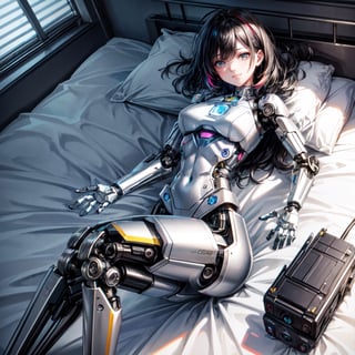 ((high resolution. 8K)), break. ((Illustraion and CG mixed style)), break. ((1 girl)), ((One android girl with archaic smile)), ((black hair:1.3)), break. ((relax in the bedroom fill of sunlight)), ((lying on back, on the double bed)), ((ready to hug)), (background: a modern bedroom with a double bed), break. ((slender mechanical boby)), ((intricate internal structure)), ((colorful brighten parts:1.2)), break. ((Her body is painted by chrome and light colors)), break. ((robotic arms, robotic legs, robotic hands)), ((robotic joint:1.2)), break. Cinematic angle, panorama, ultra fine quality, masterpiece, best quality, incredibly absurdres, fhighly detailed, sharp focus, (photon mapping, radiosity, physically-based rendering, automatic white balance), masterpiece, best quality