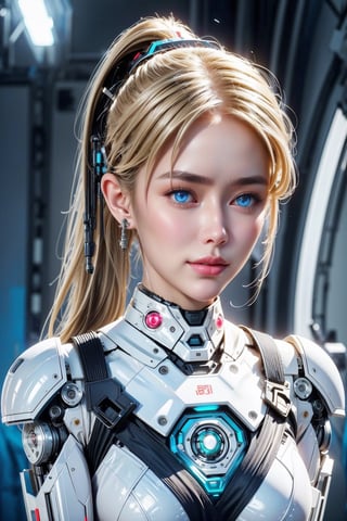 ((high resolution)), ((8K)), ((incredibly absurdres)), break. ((One android girl with archaic smile)), ((about 15 years old)), break. ((upper body:1.3)), ((blonde ponytail hair:1.3)), ((looking at camera:1.3)), break. ((in the cyberstyle city)), ((slender boby)), ((intricate internal structure)), ((brighten parts:1.3)), break. ((Her body is painted by chrome and light colors)), ((blue eyes:1.3)), break. ((robotic arms)), ((robotic legs)), ((robotic hands)), ((robotic joint:1.5)), break. Cinematic angle, ultra fine quality, masterpiece, best quality, incredibly absurdres, highly detailed, sharp focus, (photon mapping, radiosity, physically-based rendering, automatic white balance), masterpiece, best quality, Mecha body, furure_urban, incredibly absurdres, modelshoot style,Exquisite face