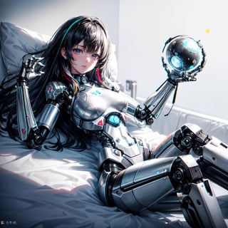 ((high resolution. 8K)), break. ((Illustraion and CG mixed style)), break. ((1 girl)), ((One android girl)), ((black hair:1.3)), break. ((relax in the bedroom fill of sunlight)), ((lying on the double bed)), (background: a modern bedroom with a double bed), break. ((slender mechanical boby)), ((intricate internal structure)), ((colorful brighten parts:1.3
)), break. ((Her body is painted by chrome and light colors)), break. ((robotic arms, robotic legs, robotic hands)), ((robotic joint:1.2)), break. Cinematic angle, panorama, ultra fine quality, masterpiece, best quality, incredibly absurdres, fhighly detailed, sharp focus, (photon mapping, radiosity, physically-based rendering, automatic white balance), masterpiece, best quality