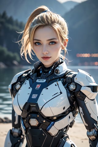 RAW photo, Best picture quality, high resolution, 8k, HDR, highres, (absurdres:1.2), realistic, sharp focus, realistic image of elegant lady, Korean beauty, supermodelbreak. 1 girl, (blonde hair:1.3), (ponytail:1.2), swordup, looking at viewer, upper body, smiling, break. (wearing high-tech cyberpunk style chrome mecha suit), radiant Glow, sparkling suit, mecha, break. (blue eyes:1.3), perfectly customized high-tech mecha suit, custom design, break. (lakeside:1.3), (beautiful landscape painting:1.3), break. (LED lighting parts on her body:1.2), (robotic arms), (robotic legs), (robotic hands), (robotic joint), robot, roblit