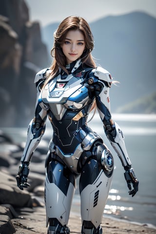 RAW photo, Best picture quality, high resolution, 8k, HDR, highres, (absurdres:1.2), realistic, sharp focus, realistic image of elegant lady, Korean beauty, supermodelbreak. 1 girl, (red long hair:1.3), swordup, looking at viewer, smiling, break. (wearing high-tech cyberpunk style chrome mecha suit), radiant Glow, sparkling suit, mecha, break. (sliver eyes:1.3), perfectly customized high-tech mecha suit, custom design, break. (lakeside:1.3), (beautiful landscape painting:1.3), break. (LED lighting parts on her body:1.2), (robotic arms), (robotic legs), (robotic hands), (robotic joint), robot, roblit