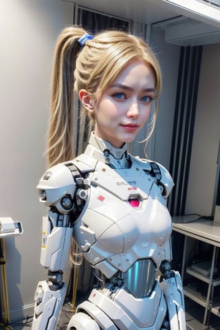 ((high resolution)), ((8K)), ((incredibly absurdres)), break. ((One android girl with archaic smile)), ((about 15 years old)), break. ((upper body:1.3)), ((blonde ponytail hair:1.3)), ((looking at camera:1.3)), break. ((in the cyberstyle city)), ((slender boby)), ((intricate internal structure)), ((brighten parts:1.3)), break. ((Her body is painted by chrome and light colors)), ((blue eyes:1.3)), break. ((robotic arms)), ((robotic legs)), ((robotic hands)), ((robotic joint:1.5)), break. Cinematic angle, ultra fine quality, masterpiece, best quality, incredibly absurdres, highly detailed, sharp focus, (photon mapping, radiosity, physically-based rendering, automatic white balance), masterpiece, best quality, Mecha body, furure_urban, incredibly absurdres, modelshoot style,Exquisite face