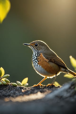 Cute and round figure,(Documentary photograph:1.3) of a Rufous-bellied Thrush. BREAK It's a frugivorous bird about 9 inches long,  with (olive-brown back and breast with an orange belly and a paler streaked throat plumage:1.5). It has black eyes with yellow eyering,  grey legs,  (long dull-yellow beak:1.5). BREAK (full body shot:1.2),  perched on a tree branch,  under direct sunlight,  creative shadow play,  eye level,  bokeh,  BREAK (shot on Canon EOS 5D:1.4),  Fujicolor Pro film,  in the style of Miko Lagerstedt/Liam Wong/Nan Goldin/Lee Friedlander,  BREAK (photorealistic:1.3), vignette,  highest quality,  detailed and intricate,  original shot, Digital painting,,moonster