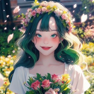 1girl, bangs, blush, bouquet, bracelet, cherry blossoms, confetti, falling petals, flower, head wreath, holding, jewelry, leaf, long hair, looking at viewer, laughing, petals, rose petals, short sleeves, smile, solo, upper body, very long hair white/ green,portrait, glowing face, 