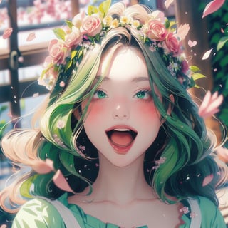 1girl, bangs, blush, bouquet, bracelet, cherry blossoms, confetti, falling petals, flower, head wreath, holding, jewelry, leaf, long hair, looking at viewer, open mouth, petals, rose petals, short sleeves, smile, solo, upper body, very long hair white/ green,portrait,