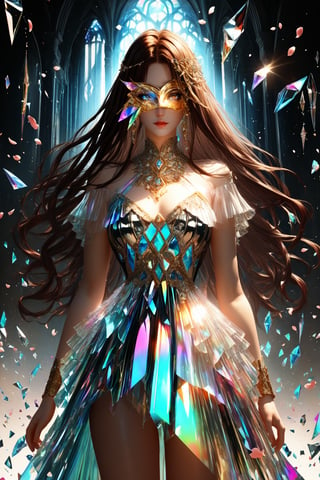 1girl, dark brown long hair, (strait hair), (golden eyes), gray red fantasy-inspired mirrored glass shards cute clothes, eye-covering mask, crystal, petals falling, Broken Glass effect, no background, stunning, something that even doesn't exist, mythical being, energy, textures, iridescent and luminescent shards, divine presence, cowboy shot, Volumetric light, auras, rays, vivid colors reflects, Broken Glass effect, eyes shoot, oil paint, male focus, 3d render, digital art, realistic