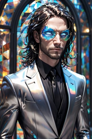 1man calcasian, masculine, mesomorph body type, swiped medium long hair, (lenny:1.2), using a abstract half-mask covering the eyes made of transparent glass, expensive suit made of (stained glass) , realistic, (bokeh), detailed, illuminated, 3d render, unreal engine, HD, 4k