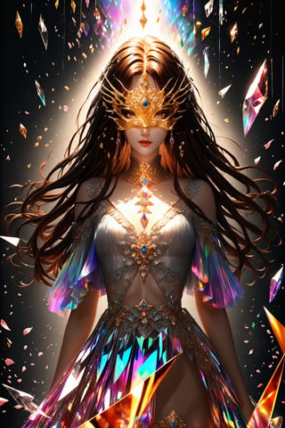1girl, dark brown long hair, (strait hair), (golden eyes), gray red fantasy-inspired mirrored glass shards cute clothes, eye-covering mask, crystal, petals falling, Broken Glass effect, no background, stunning, something that even doesn't exist, mythical being, energy, textures, iridescent and luminescent shards, divine presence, cowboy shot, Volumetric light, auras, rays, vivid colors reflects, Broken Glass effect, eyes shoot, oil paint, male focus, 3d render, digital art, realistic