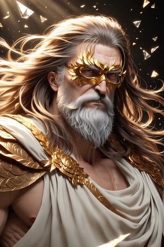 A stunning, award-winning 3D render of a majestic old man in his prime, using a mask made of pieces of glass covering its eyes and with glass shards forming a toga-like cloak detailed in gold around his powerful physique. His strong, weathered face is framed by very long brown hair and beard, which seem to be blown back by an unseen wind. The lighting is dramatic, casting deep shadows that accentuate the features of this 50-year-old legend.