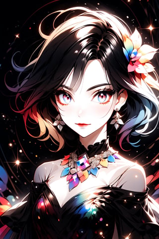 ((Rainbow Style), Anime, Real, Sketch, Thick Lines, Contents, Detailed, Detailed, 1Girl, (Rainbow Flower Mask), Closed Lips, Diamond Earrings, Shining Diamond Parts, Seductive Expression, Silk Floral Off-Shoulder Dress, Order, black gradient background, texture crop, Utra), Detailed Textures, high quality, high resolution, high Accuracy, realism, color correction, Proper lighting settings, harmonious composition, Behance works, more detail XL, Anime, hentai, Utra,Utra