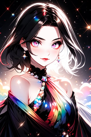 ((Rainbow Style), Anime, Real, Sketch, Thick Lines, Contents, Detailed, Detailed, One Girl, Glowing Rainbow Eyes, Closed Lips, Diamond Earrings, Shining Diamond Parts, Seductive Expression, Silk Floral Off-Shoulder Dress, Order, black gradient background, texture crop, Utra), Detailed Textures, high quality, high resolution, high Accuracy, realism, color correction, Proper lighting settings, harmonious composition, Behance works, more detail XL, Anime, hentai, Utra,Utra