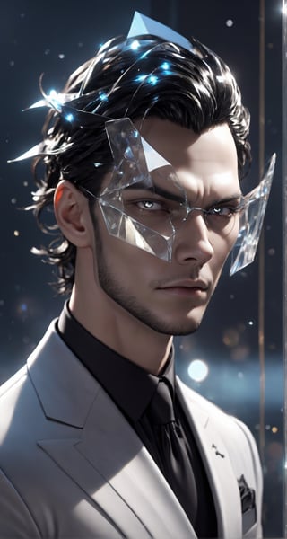 1man calcasian, masculine, mesomorph body type, swiped medium hair, (lenny:1.2), using a half-mask covering the eyes made of transparent glass, one piece formal wear made of shards of glass, realistic, (bokeh), detailed, illuminated, 3d render, unreal engine, HD, 4k