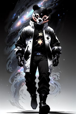 solo_male, strong, muscular, solo, (slim), simple background, gloves, animal ears, full body, (black skin), grey background, glowing, no pupils, (human_lip), starry sky print, (white bear mask:1.2), sleek mask, 1 mask, (black celestial winter clothes:1.2), turtleneck, cargo pants, dinamic photo, mystic, 3d render, unreal engine,Celestial Skin,