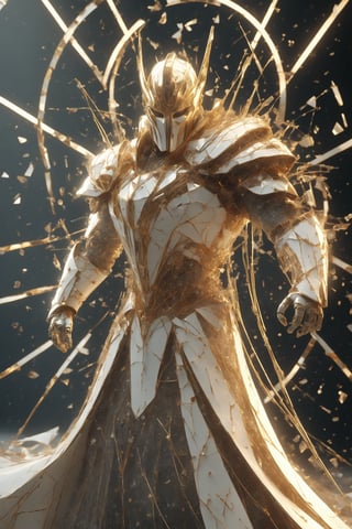 man in his prime, (divine Cybermask) , broken glass effects, mantle made of broken shards, glass clothes, 50yo, strong, golden hair, digital art, masterpiece, award winning, 3d render