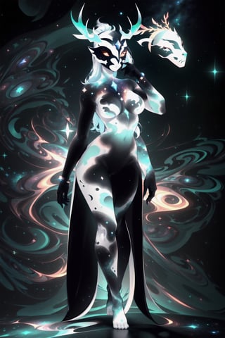 solo, tall, mature, long hair, simple background, gloves, animal ears, full body, (black skin), grey background, glowing, no pupils, starry sky print, (white elk mask:1.2), white horns, (black celestial clothes:1.2), dinamic photo, mystic, 3d render, unreal engine,Celestial Skin,