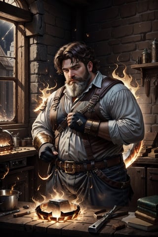 Hephaestus, smithing god, (blacksmith dwarf), solo, 1boy, holding, weapon, male focus, muscular, facail hair, green_eyes, brown_hair, white long beard, hammer, smithy, molten metal, caudron, white hot metal, realistic, unreal engine, hdr ,Fantasy, worldoffire, firefliesfireflies,light rays,leonardo, art_deco_fusion