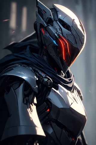 (masterpiece, best quality) extremely detailed, intricately detailed, ((portrait)), 1_boy, ((robot, wizard,assasin)), (Steel smooth armor, dark blue trim, cloth attachments, blue cloak), minimalist helmet, glowing eyes, chiaroscuro lighting, ray tracing, polished, high resolution, volumetric lightning, ,WARFRAME,medieval armor,robot