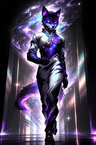 solo_male, solo, (slim), simple background, gloves, animal ears, full body, (black skin), grey background, glowing, no pupils, (human_lip), starry sky print, (purple wolf mask:1.2), sleek mask, 1 mask, (black celestial Ao Dai:1.2), dinamic photo, mystic, 3d render, unreal engine, Celestial Skin,